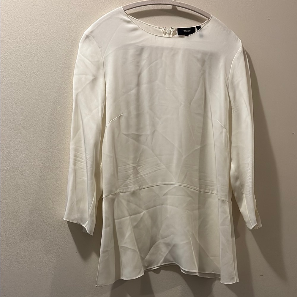 Theory Women's White silk blouse - size large - zip closure - 3/4 sleeve